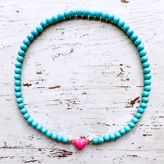 17” Adult Turquoise and hot pink heart necklace