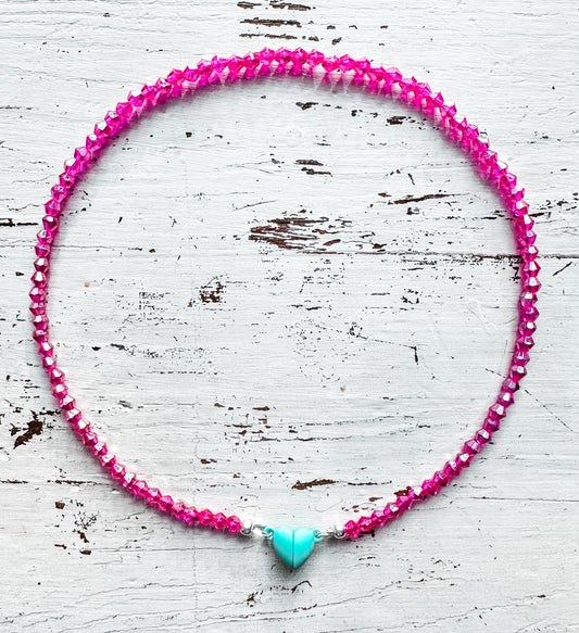 15” Magenta Pink Czech glass beads and turquoise heart