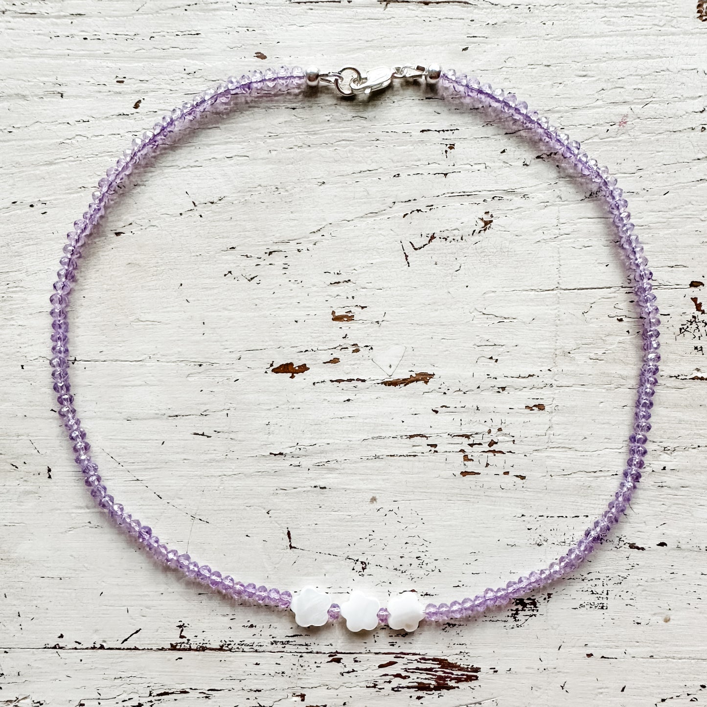 15” Lavender Czech glass beads + Mother of Pearl flowers